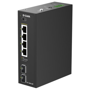 D-Link DIS-100G-06P 6-Port Unmanaged Industrial Gigabit PoE+ Switch, 2 SFP slots, Plug-and-play, Fanless, DIN-rail mount
